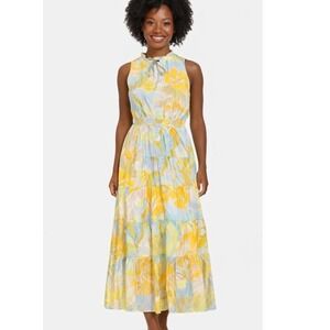MSK Tiered Maxi Dress Women's Tropical Palm Print Yellow Blue Sleeveless Large